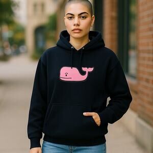 Pink Whale Navy Blue Hoodie Pullover Sweatshirt PRAIRIE MOUNTAIN ~ Size MEDIUM